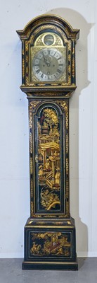 Lot 673 - 18th century 8 day longcase clock with gilt and silvered dial signed in arch 'Just Morrs High Barnett', subsidiary seconds and date aperture, five pillar movement striking on bell in chinoiseri...