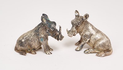 Lot 299 - Pair Continental silver novelty condiments, modelled in the form of wild boars, marked ARG 925.