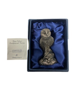 Lot 298 - Contemporary silver coated model of owl perched on a bush (loaded), with original box