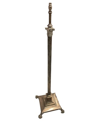 Lot 1373 - Silver plated Corinthian column standard lamp, on stepped base and spread paw feet, 142cm high