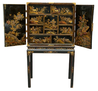 Lot 1439 - Fine 18th century chinoiserie cabinet on stand, Provenance: By family repute purchased at the Grovesnor House Antiques Fair