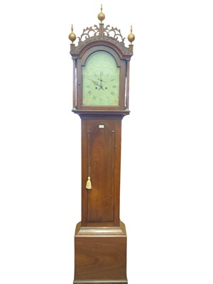 Lot 678 - Early 19th century 8 day longcase clock by Nathan Adams, Stowmarket with arched painted dial with subsidiary seconds and date aperture and gilt painted spandrels in mahogany case. 235cm high. Pe...