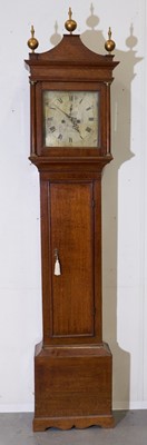 Lot 679 - 18th century 8 day longcase clock by Hedge, Colchester with square silvered dial and subsidiary seconds, four pillar movement striking on bell in oak case, 229cm high, pendulum and weights prese...