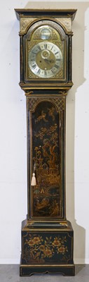 Lot 680 - 18th century 8 day longcase clock by Thomas Moore, Ipswich with brass and silvered dial, subsidiary seconds and date aperture, four pillar movement striking on bell in chinoiserie decorated case...