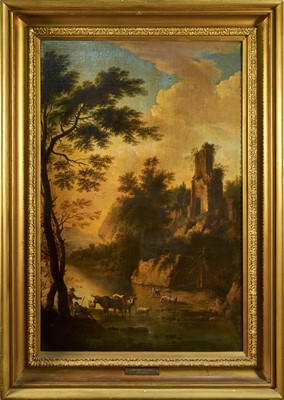 Lot 1010 - Manner of Jan Dirksz Both (1618-1652) oil on canvas - Lakeside Ruins with Livestock, 123cm x 79cm, in gilt frame