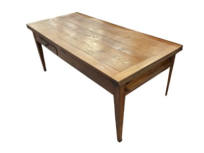 Lot 1434 - 19th century French fruitwood farmhouse kitchen table, with two drawers on square taper legs, 185cm x 85 extending to 354cm