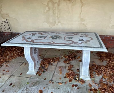 Lot 1456 - Italian marble table, the rectangular top inlaid with coloured marble flower head and scroll design, on baluster shape trestle ends, 191cm x 90cm wide x 78cm high