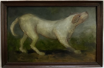 Lot 1153 - English School oil on a panel - A Dog, 22cm x 35cm, in oak frame