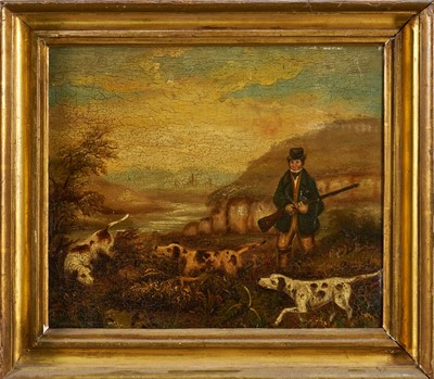Lot 975 - English Naïve School, late 18th/early 19th century, oil on panel - Shooting over Pointers, 27cm x 33cm, in gilt frame