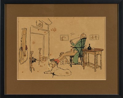 Lot 970 - Attributed to Cecil Aldin (1870-1935) ink and watercolour illustration - A Rest after a Sporting Day, 20cm x 28.5cm, in glazed frame