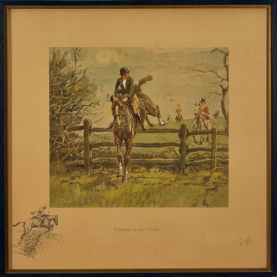 Lot 966 - *Snaffles, Charles Johnson Payne (1884-1967) signed hand-coloured print - Handing it out to 'Em, with snaffle blindstamp, 49cm x 49cm, in glazed frame