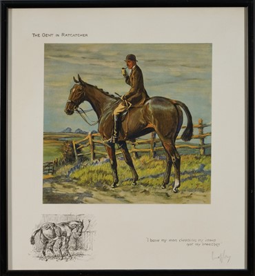 Lot 965 - *Snaffles, Charles Johnson Payne (1884-1967) hand-coloured print - The Gent in Ratcatcher, with snaffle blindstamp, 40cm x 37cm, in glazed frame