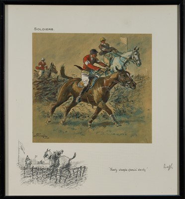 Lot 963 - *Snaffles, Charles Johnson Payne (1884-1967) signed hand-coloured print - Soldiers, with snaffle blindstamp, 41cm x 37cm, in glazed frame