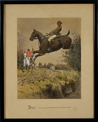 Lot 961 - *Snaffles, Charles Johnson Payne (1884-1967) signed hand-coloured print - "Blighty - and only five-and-twenty per cent of the danger", 54cm x 43cm, in glazed frame