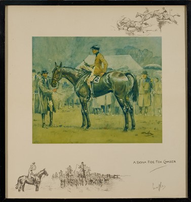 Lot 960 - *Snaffles, Charles Johnson Payne (1884-1967) signed coloured print - A Bona Fide Fox Chaser, with snaffle blindstamp, 46cm x 43cm, in glazed frame