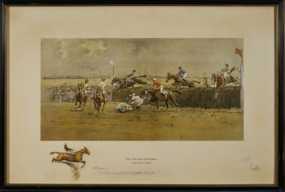 Lot 958 - *Snaffles, Charles Johnson Payne (1884-1967) signed hand-coloured print - The Grand National, with snaffle blindstamp, 55cm x 83cm, in glazed frame