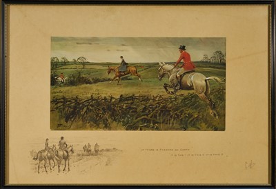 Lot 957 - *Snaffles, Charles Johnson Payne (1884-1967) signed hand-coloured print - "If there is Paradise on Earth, it is this! It is this!! It is this!!!", with snaffle blindstamp, 51cm x 76cm, in glazed...