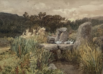 Lot 1142 - Frank Walton (1840-1928) watercolour - Geese on a Stone Bridge, signed, 23cm x 32cm, in glazed gilt frame