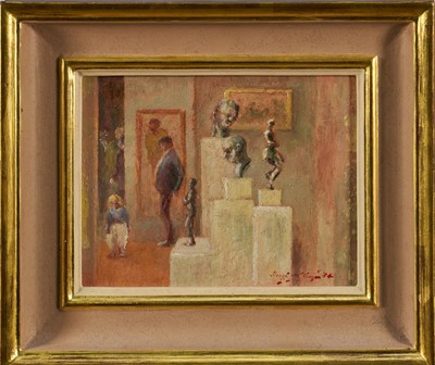Lot 1161 - Hugh McKenzie (1909-2005) oil on board - Interior of a Museum, signed and dated '84, 15cm x 19.5cm, framed. Provenance: Messum's, Marlow, Exh. No. 38. Dreweatts, 3rd April 2019.