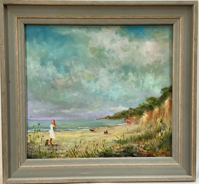 Lot 1164 - Dave Ross, contemporary, oil on board - Girl on Beach, signed and dated '25, 28cm x 30cm, framed