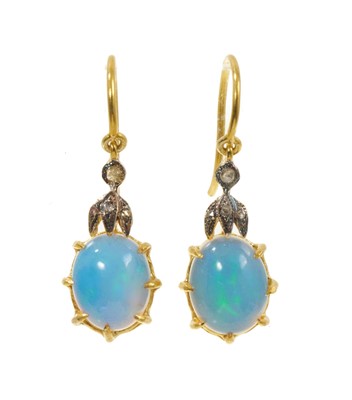 Lot 552 - Pair of Victorian style opal and diamond pendant drop earrings