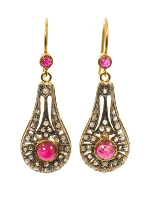 Lot 545 - Pair of Victorian style garnet cabochon and diamond pear shaped pendant drop earrings