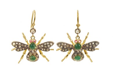 Lot 549 - Pair of Victorian style emerald and diamond bee earrings