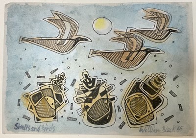 Lot 1165 - *William Black, contemporary, ink and watercolour - 'Shells and Birds', signed, dated '65 and inscribed, 14.5cm x 20.5cm, unframed