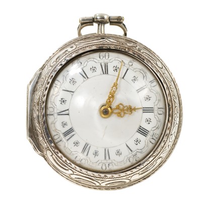 Lot 583 - George III silver pair-cased pocket watch with fusée movement and verge escapement, signed 'Jn. Jackson, London 6214', white enamel dial in a pair of silver cases, the outer case with repoussé d...