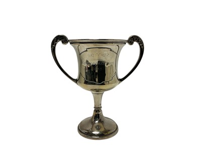 Lot 345 - George V silver two handled trophy cup, with engraved presentation inscription, (Birmingham 1933), maker Davies & Powers, 18.5cm in height, all at 9.5ozs.