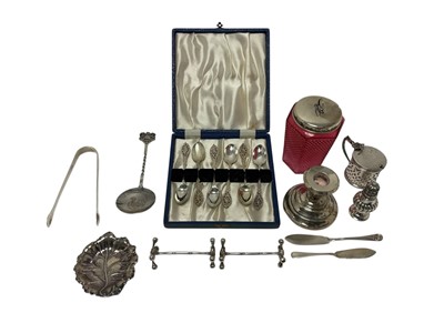 Lot 342 - Group of miscellaneous silver items to a set of six silver teaspoons in a fitted case, sugar tongs and cranberry glass preserve pot with silver lid, (various dates and makers).