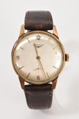 Lot 586 - 1960s gentlemen's Longines 9ct gold wristwatch on leather strap in original box