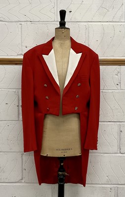 Lot 911 - Hunt evening tails, red with white lapels, brass buttons, bespoke made by 'Del Tailors'