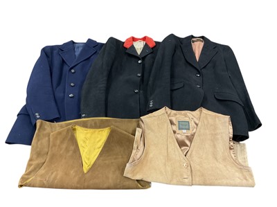 Lot 919 - 1950s Huntsman & Sons ladies' hunt coat with East Essex hunt buttons, ladies' navy blue hunt coat with Dunston Harriers buttons, another vintage black coat and two suede waistcoats (5)