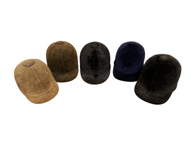 Lot 918 - Five vintage riding hats including Lock & Co, Herbert Johnson blue velvet hat, black Patey and two others