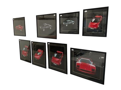 Lot 134 - Group eight 1980's Ferrari promotional photographs of various models including F40 and Testarossa, all mounted in glazed frames, (8).
