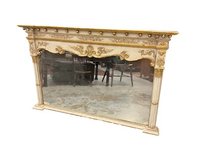 Lot 1473 - 19th century gilt and cream painted overmantel mirror, with ball mounted cornice and shaped rectangular plate flanked by cluster columns, 132 x 87cm