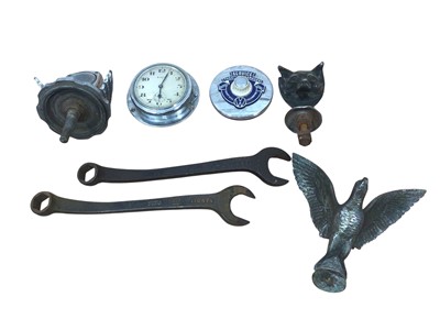 Lot 46 - Vintage Calormeter temperature gauge, together with a car mascot in the form of a fox mask, another in the form of a grouse, a car clock, VW tax disc holder and two Ford spanners (7).
