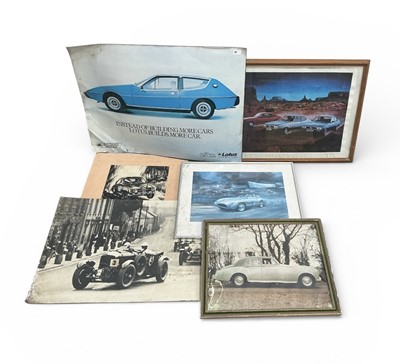 Lot 58 - Watercolour study of a Saab rally car, Lotus Elite showroom poster, Ford Capri showroom poster and three other motoring related prints (6).