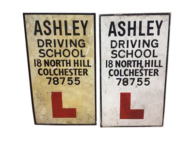 Lot 69 - Two vintage Ashley Driving School Colchester signs, tyre ashtrays and other items (1 box).