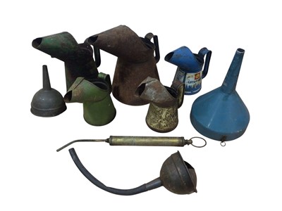 Lot 71 - Two boxes containing vintage oil funnels and oil pouring jugs (2 boxes).