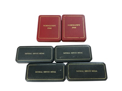Lot 116 - Collection of four original Imperial Service medal boxes of issue (empty), together with two Normandy Veterans medal boxes of issue (empty), (6).