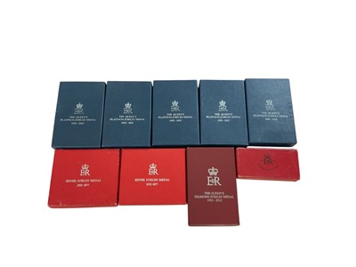 Lot 119 - Collection of five original Queen Elizabeth II 2022 Platinum Jubilee medal boxes of issue (empty), together with a 2012 Diamond Jubilee medal box of issue (empty), two 1977 Silver Jubilee medal...