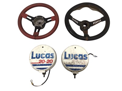Lot 99 - Mountney steering wheel together with another steering wheel, pair of Lucas spot lamps, and a group of car radios