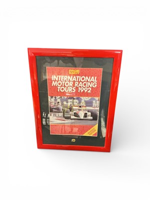 Lot 86 - Ayrton Senna signed 1992 International Motor Racing Tours programme cover in glazed frame with old Sotheby's lot label to reverse- 183- 23 Sep 1998, image 30 x 21cm.