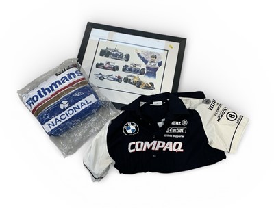 Lot 88 - BMW Williams team shirt, Williams Rothmans overalls, a replica set of Ayrton Senna's (sealed and unused), and Damon Hill print (3).