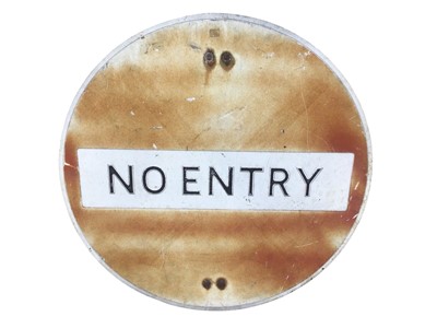 Lot 151 - Vintage circular metal road sign with raised lettering 'no entry' sign, 75.5cm in diameter.