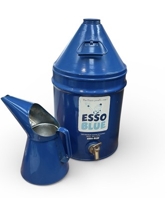 Lot 123 - Vintage Esso Blue paraffin dispensing drum, together with a pouring jug, (2).