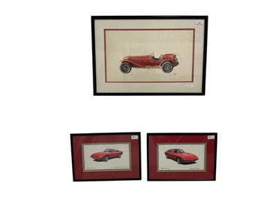 Lot 139 - Rod Brown, watercolour study of a Pre- War Alfa Romeo, signed and dated 1982, together with two Malcolm Davie watercolours of Ferrari's, (3).
