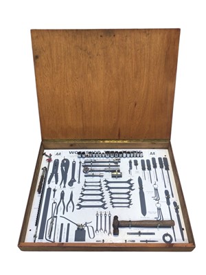Lot 173 - AA workshop tools in a large wooden box measuring approximately 94cm x 74cm together with other tools